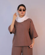 ست | مدل ست تیشرت و شلوار سیلک کد 1229 - قهوه ای - Image 2