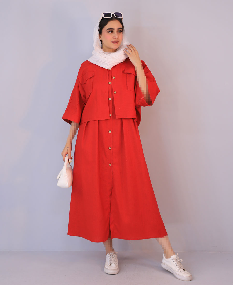 ست مدل ست کت و سارافون لینن کد 1284 - قرمز (1) ست | مدل ست کت و سارافون لینن کد 1284 - قرمز - Image 1