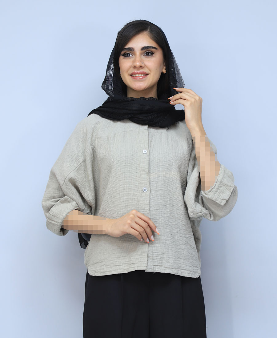 کیمونو2 شومیز | مدل شومیز کنفی آستین کیمونو کد 1493 - خاکی - Image 1